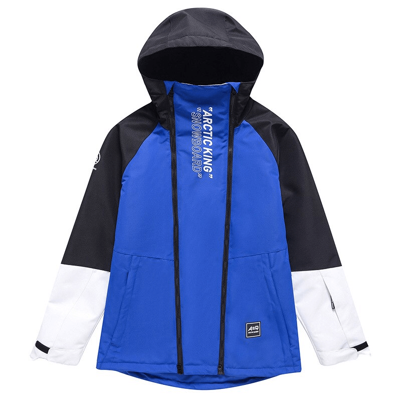 Warm waterproof snowboarding jacket with double zipper and hood, unisex design in blue and black for skiing, model SF0943.